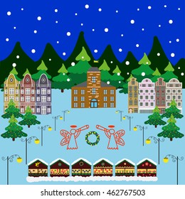 Vector xmas card with a decorated snowy old town at Christmas eve