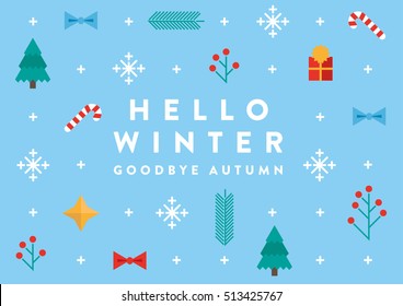 Vector xmas card with text "Hello Winter, Goodbye Autumn" and set / collection of christmas objects. Christmas tree, gift, fir branch, snowflake, bow tie, christmas star and candy