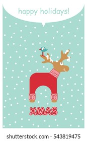 Vector xmas cute greeting card with adorable reindeer in knitted sweater. Xmas card with a wish to spend happy new year holidays.