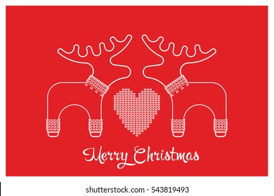 Vector xmas cute greeting card with adorable reindeer and elk in knitted sweaters. Xmas card with a wish a Merry Christmas.