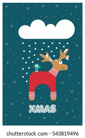 Vector xmas cute greeting card with adorable reindeer in knitted sweater. Merry Christmas winter card.