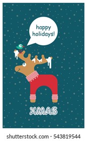 Vector xmas cute greeting card with adorable elk in knitted sweater. Xmas card with a wish to spend happy new year holidays.
