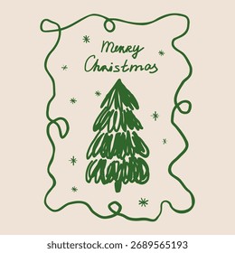 Vector Xmas frame card with Christmas tree, snowflakes in minimalist style. Hand drawn festive winter border with text. For flyer, greetings, invitations, New Year postcard, banner. Boho illustration