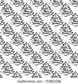 Vector xmas frame-tree with greeting seamless pattern. Merry Christmas and happy new year greeting card backdrop design. Retro hand drawn flat art on white background.