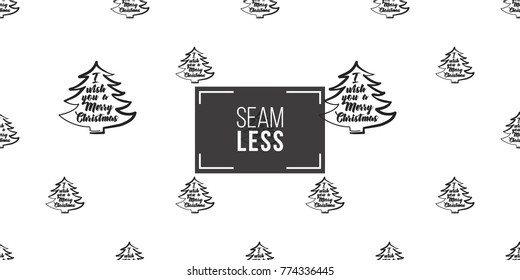 Vector xmas frame-tree with greeting seamless pattern. Merry Christmas and happy new year greeting card backdrop design. Retro hand drawn flat art on white background.