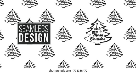 Vector xmas frame-tree with greeting seamless pattern. Merry Christmas and happy new year greeting card backdrop design. Retro hand drawn flat art on white background.
