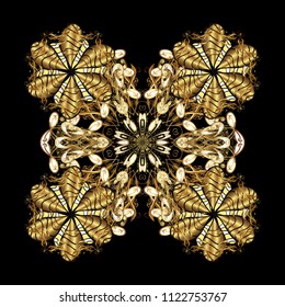 Vector. Xmas frost snow flake isolated silhouette symbol. Snowflake vector icon background black, brown, yellow color