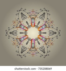 Vector. Xmas frost snow flake isolated silhouette symbol. Winter christmas snow flat crystal element. Snowflake vector icon background beige, gray and orange color. Weather illustration ice collection