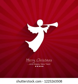 Vector XMAS Greeting Card - Angel with Trumped on Red Background with Beam Effect and Long Shadow. Lettering on Bottom: Merry Christmas and Happy New Year! Seasonal Christmas Card Illustration. 