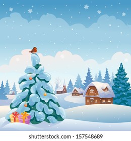Vector Xmas greeting card with a beautiful village in the woods