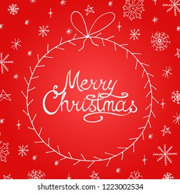 Vector xmas greeting card with hand drawn snowflakes in doodle style. Merry Christmas red background with calligraphy lettering.