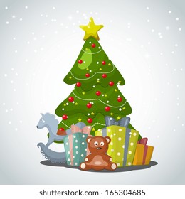 Vector  xmas greeting card with, xmas tree, gift boxes and toys