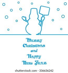 Vector Xmas holiday banner snowman silhouette and hand drawn text Merry Christmas and Happy new Year for design tickets or invitations on party