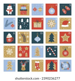 Vector Xmas hygge advent calendar for the month of december. Cartoon Xmas numbers.