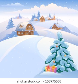 Vector xmas illustration with a beautiful snowy small village on the hills 