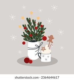 Vector Xmas illustration with Christmas bouquet, stars, decoration, cacao cup, cream, candy cane and gingerbread man. 3D Illustration