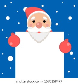 vector xmas illustration of funny santa holding blank paper with copyspace for text. christmas background