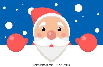 vector xmas illustration of funny santa holding blank paper with copyspace for text. christmas background