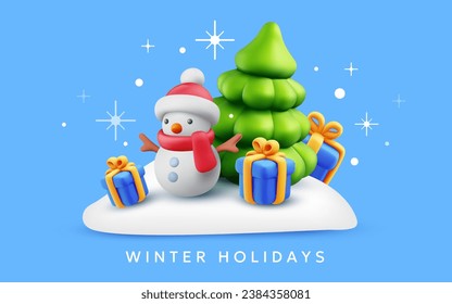 Vector xmas ilustración de árbol de navidad de color verde, muñeco de nieve y caja de regalo sobre fondo azul con nieve. 3 d diseño de estilo de árbol de navidad decorativo con presente para web, sitio, banner, tarjeta