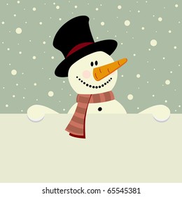 vector xmas illustration of happy snowman holding blank paper