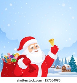 Vector Xmas illustration with Santa Claus ringing the bell, with a village landscape on the background
