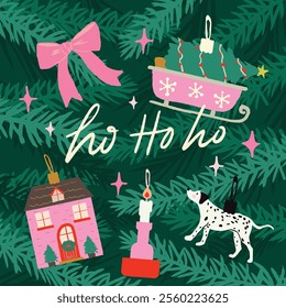 Vector Xmas (New Year) illustration postcard with the inscription ho ho ho. Christmas tree toys house, bow, dog, candle, sleigh with a Christmas tree on the background of branches.