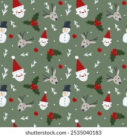 Vector XMas and New Year seamless pattern with spruce branches, holly berry, Santa or Father Christmas head, deer, snowman.
