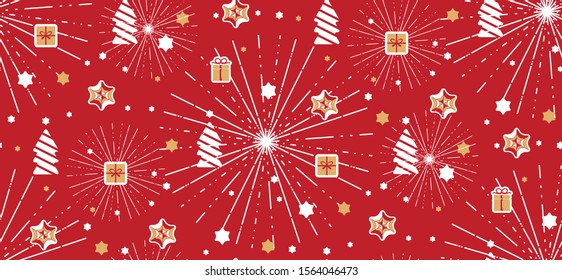 Vector xmas pattern with hand drawn trees, gift boxes, sunrise ribbons. White, gold, red colors.
