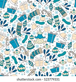 Vector Xmas seamless with hand drawn christmas symbol. Perfect holiday background