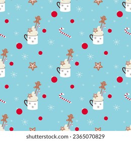 Vector Xmas seamless pattern with christmas cream cacao cup, decorations, gingerbread man, star, snowflakes, candy cane.