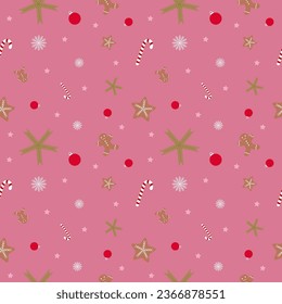 Vector Xmas seamless pattern with Christmas decorations, gingerbread man, star, snowflakes, candy cane, spruce branches.