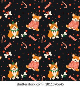 Vector Xmas seamless pattern with cute corgi in ugly sweater and deer antlers. Funny puppy in Christmas costume. Smiling pet for a party.