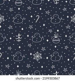 Vector Xmas seamless pattern with doodle snowman, christmas tree, ball, snowflake, caramel cane, stars.