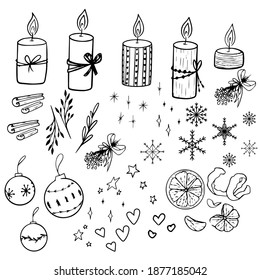 vector Xmas set of candle, mistletoe, tangerine, hearts, Christmas tree ball, Xmas decoration, cinnamon. Christmas  decorations collection