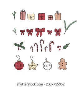 Vector x-mas set, design elements presents, candies, baws, Christmas balls. For x-mas or New Year greeting card, Invitation at a party, template for poster, sale banner, decoration design, print.