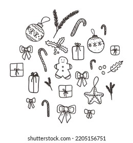 Vector xmas set, design elements presents, candies, bows, Christmas balls. For packaging design, decorative stickers, greeting card Invitation at a party, banner, labels, icon for page website, badges