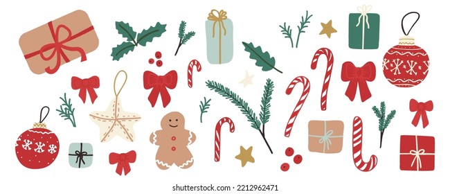 Vector xmas set, design elements presents, candies, bows, Christmas balls. For packaging design, decorative stickers, greeting card Invitation at a party, banner, labels, icon for page website, badges