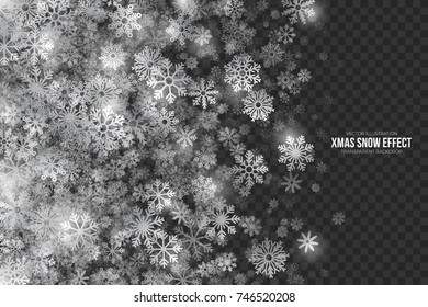 Vector Xmas Snow Effect with Realistic Flying Silver Snowflakes and Lights Overlay on Transparent Background. Christmas Party Celebration Design Element. Winter Is Coming Illustration