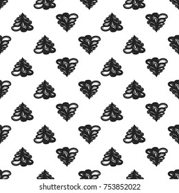 Vector xmas snowy fir tree seamless pattern. Merry Christmas and happy new year greeting card backdrop design. Retro hand drawn flat art on white background.