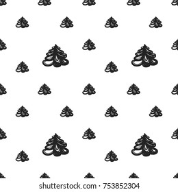 Vector xmas snowy fir tree seamless pattern. Merry Christmas and happy new year greeting card backdrop design. Retro hand drawn flat art on white background.