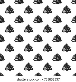 Vector xmas snowy fir tree seamless pattern. Merry Christmas and happy new year greeting card backdrop design. Retro hand drawn flat art on white background.