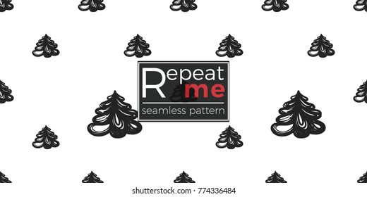 Vector xmas snowy fir tree seamless pattern. Merry Christmas and happy new year greeting card backdrop design. Retro hand drawn flat art on white background.