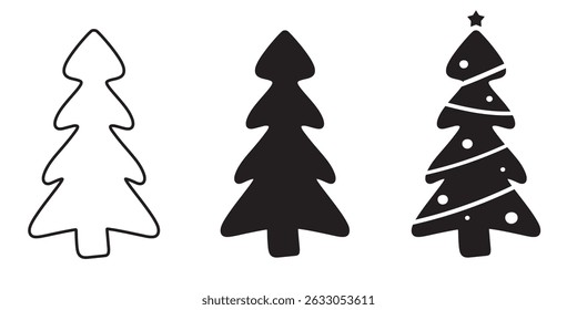 Vector Xmas Tree Icon. A set of  pine tree vector. An illustration of different shapes of black Christmas trees isolated on a white background. 