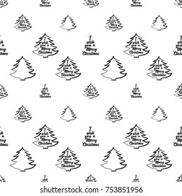 Vector xmas trees frame with greeting seamless pattern. Merry Christmas and happy new year greeting card backdrop design. Retro hand drawn flat art on white background.