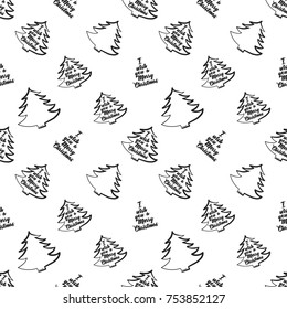 Vector xmas trees frame with greeting seamless pattern. Merry Christmas and happy new year greeting card backdrop design. Retro hand drawn flat art on white background.