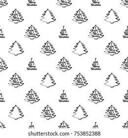 Vector xmas trees frame with greeting seamless pattern. Merry Christmas and happy new year greeting card backdrop design. Retro hand drawn flat art on white background.