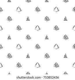 Vector xmas trees frame with greeting seamless pattern. Merry Christmas and happy new year greeting card backdrop design. Retro hand drawn flat art on white background.