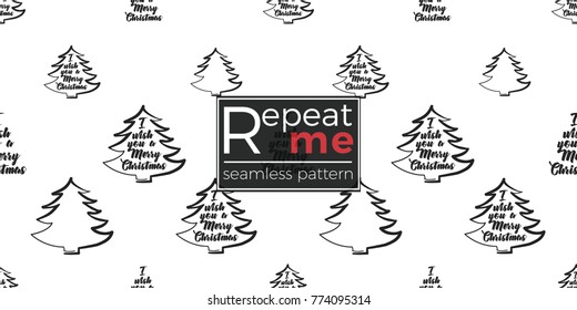 Vector xmas trees frame with greeting seamless pattern. Merry Christmas and happy new year greeting card backdrop design. Retro hand drawn flat art on white background.
