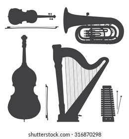 vectorial arpa de violín xilófono lubina tuba contrabass cello negro siluetas gris oscuro ilustración
