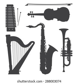 vector xylophone violin harp trumpet saxophone dark grey silhouettes illustration set
